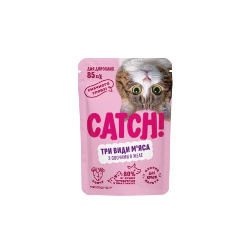 Корм вологий Catch! для дороcлих котів три види м’яса з овочами в желе 85 г