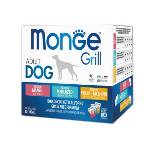 Вологий корм для собак Monge Dog GRILL MIX, 3 смаки: яловичина, тріска та курка з індичкою 100г